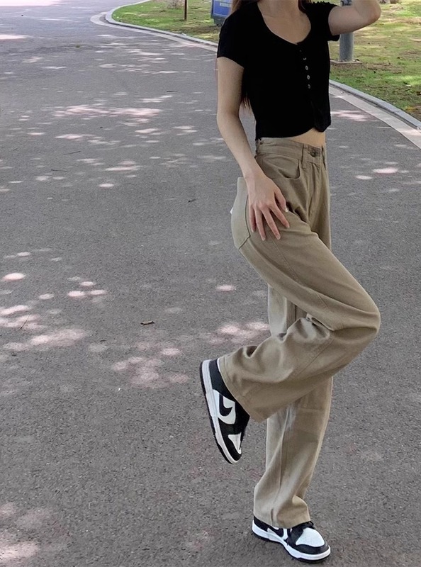 卡其色阔腿牛仔裤女夏高腰薄款显瘦宽松直筒阔腿裤女小个子垂感|undefined