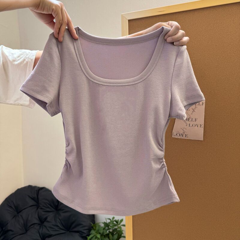 Square Neck, Right Shoulder, Short-Sleeved T-Shirt for Women, Summer Slim-Fitting Korean Style Inner Layering Shirt, Short Pleated Waist Half-Sleeved Top