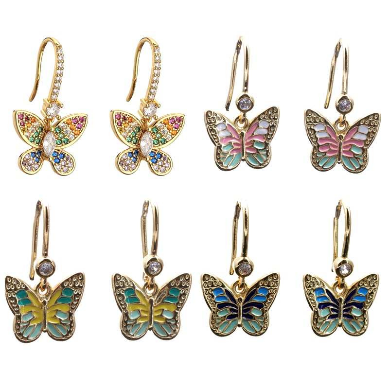 Joyería transfronteriza ins luz nicho de lujo diseño simple gota de color aceite con incrustaciones de circón mariposa hembra gancho de La Oreja espárragos al por mayor