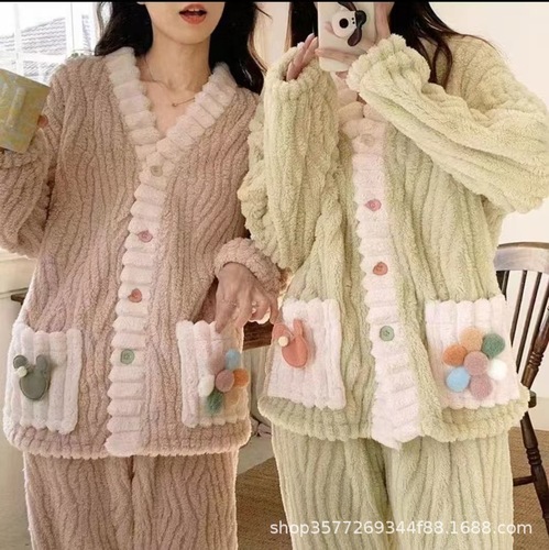 Duckling Peach Osmanthus Coral Fleece Pyjama Set for Women 2024 New Autumn and Winter Thick Long Bath Robe