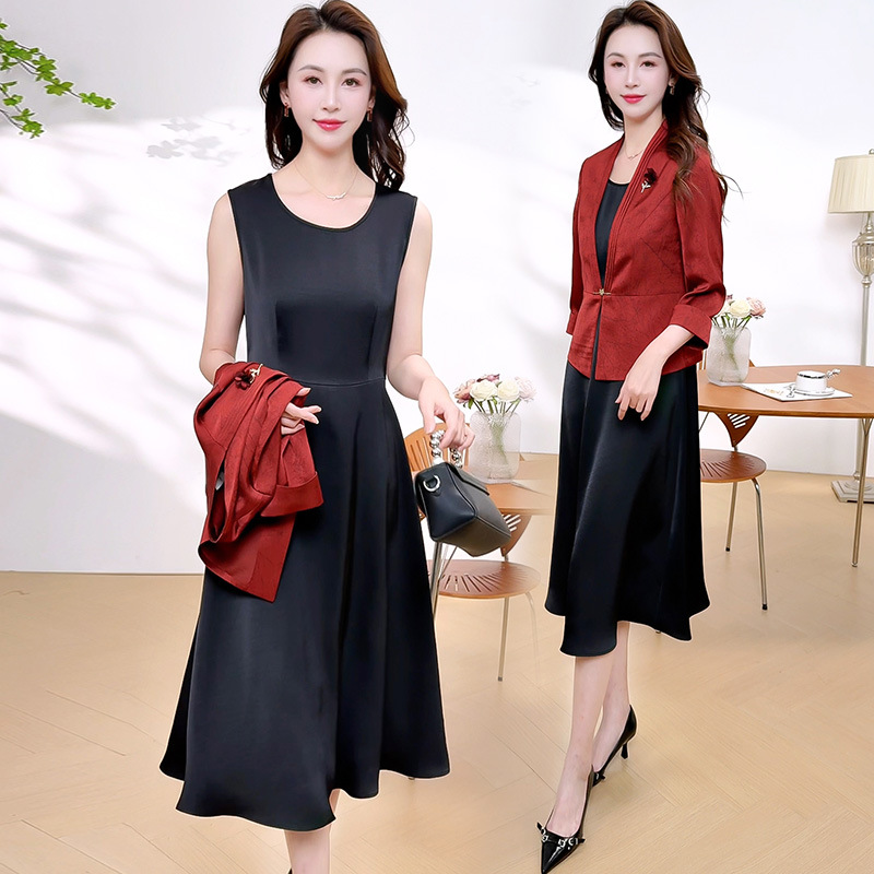 中年妈妈装两件套裙2025春夏新款中青年女装小西服背心连衣裙套装