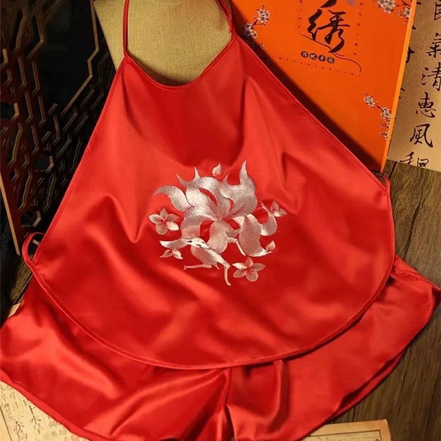 Women's Lingerie Adult Double-Layer Embroidered Silk Plus-Size Vintage Sexy Nightgown Suzhou Embroidery Camisole Ethnic Style Bellyband Embroidery