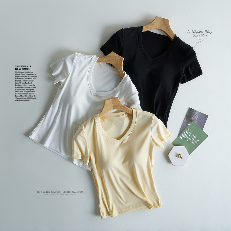 Tencel Lyocell Cotton with Chest Pad Women's V-neck White Short-sleeved T-shirt Women's Summer New Niche Casual Shoulder Top