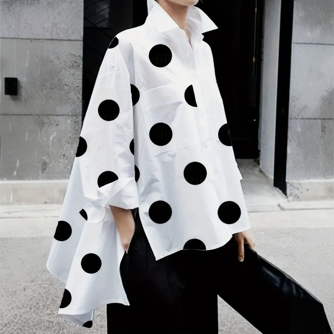 Amazon European and American Cross-Border Women's Clothing Supply Digital Polka Dot Nine-Quarter Sleeve Shirt Dress Shirt Fashion Versatile Wholesale