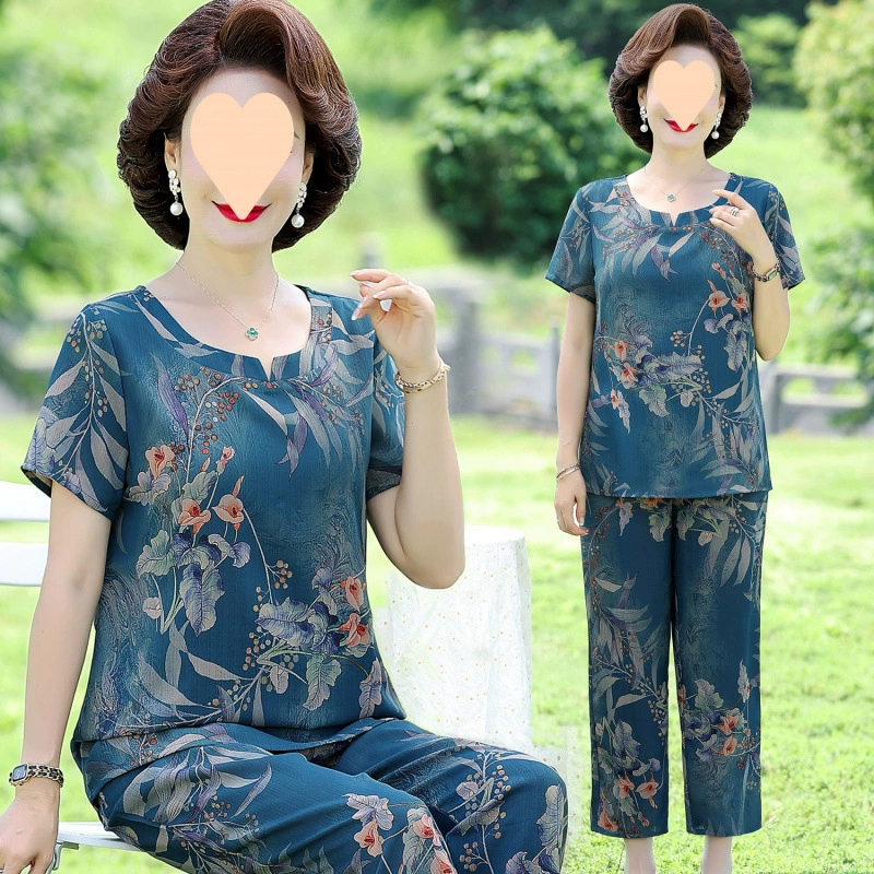 Костюм мамы с короткими рукавами, летний модный комплект из двух предметов для женщин среднего и пожилого возраста с принтом, летнее платье бабушки, одежда жены.