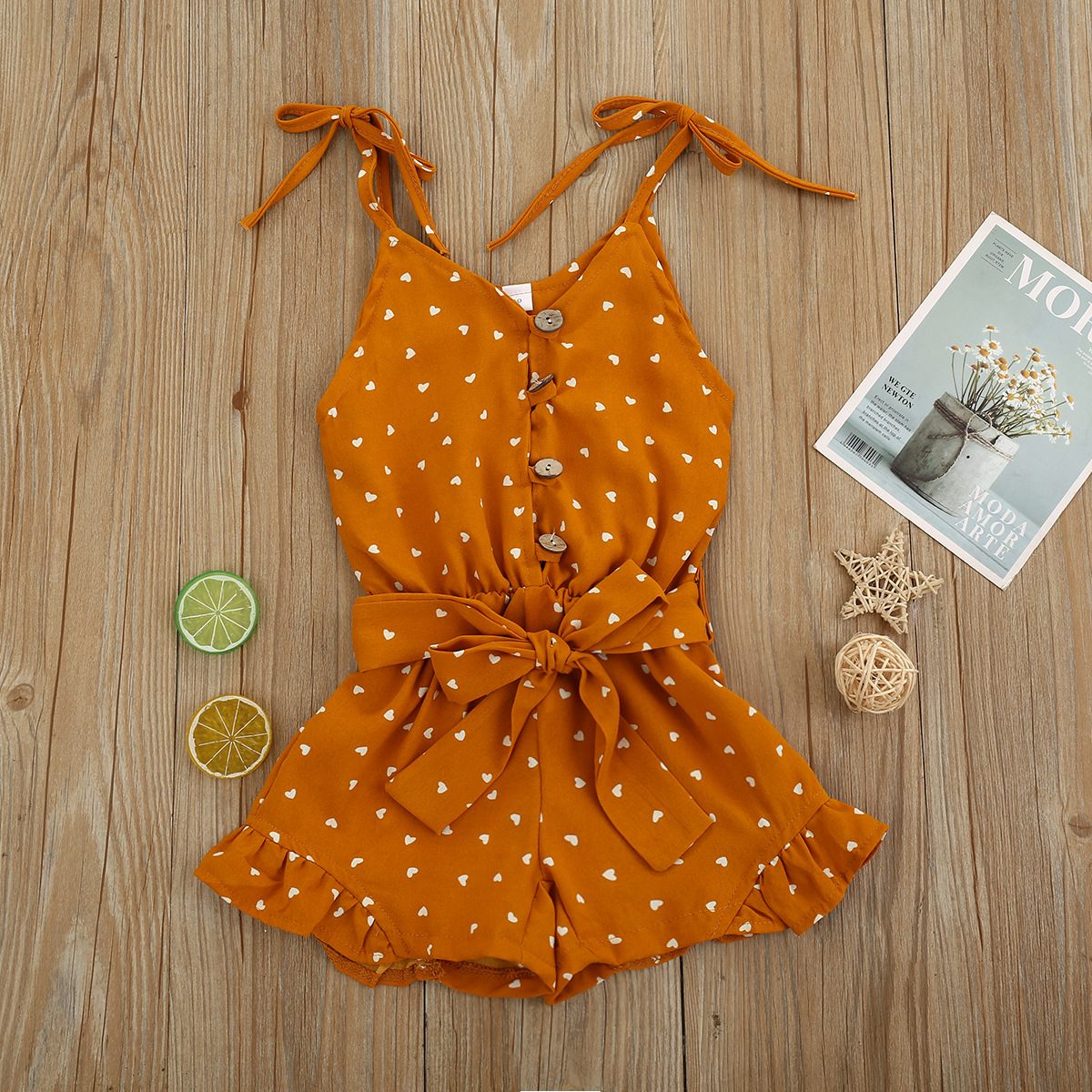 Little Heart-Patterned Suspender Jumpsuit with Belt, Two-Piece Sweet Children's Short-Sleeved Summer Outfit