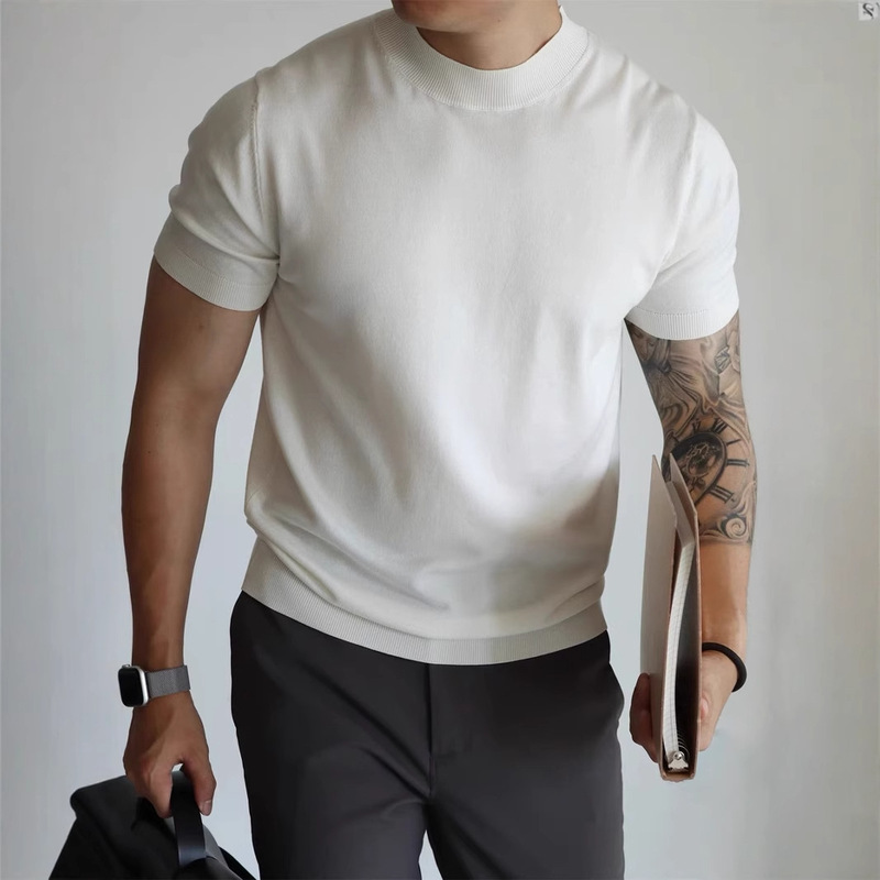 Summer Light Mature Round Neck Men's Korean Style Slim-fit Lap Collar Solid Color Casual Thin Half-sleeve Fashionable Knitted Top T-shirt