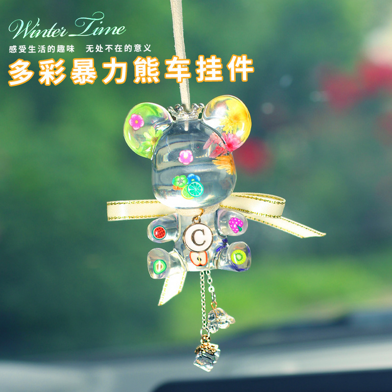Colgante de coche Espejo retrovisor Colgante de coche Colgante de cristal Goma violento Oso Faz Flor Decoración de coche Mujer