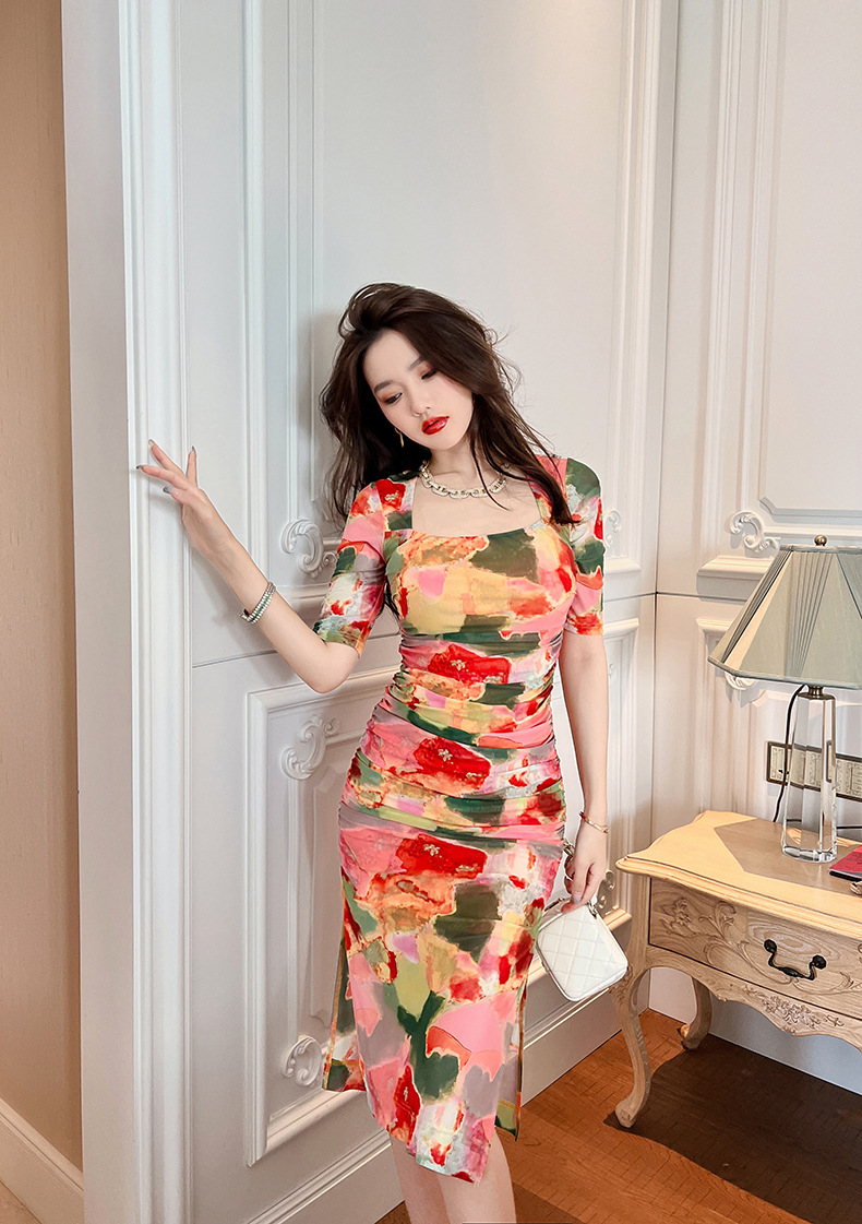 Váy dài ôm hông cổ vuông in họa tiết hoa phong cách Pháp — Màu hoa chi tiết 12
