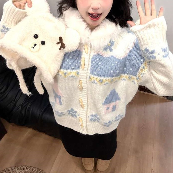 慵懒风费尔岛毛衣外套女秋冬牛角扣毛领连帽针织开衫宽松甜美上衣|undefined