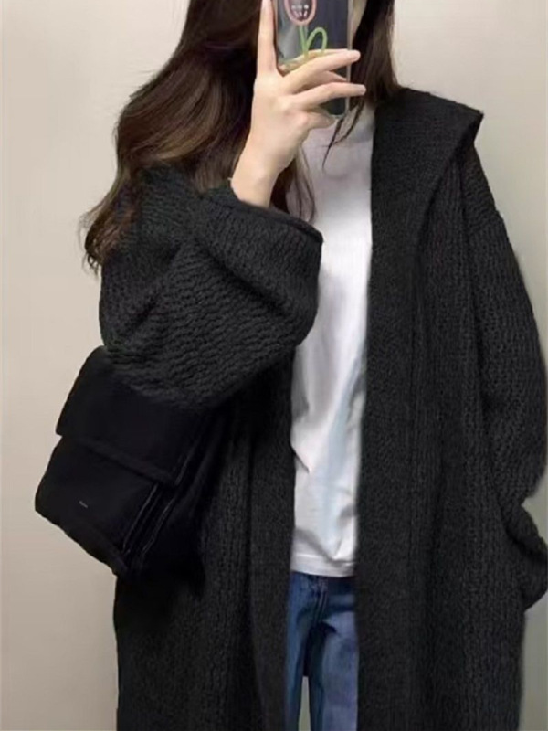 灰色中长款连帽毛衣外套女早秋季韩系气质宽松慵懒松弛感针织开衫|undefined