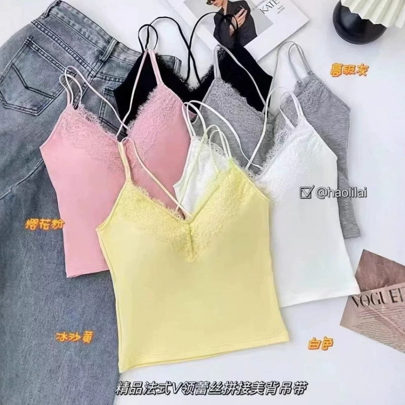 2025 летний новый стиль Pure Desire Hot Girl Collar Lace Splicing Shoulders Beautiful Back Light Luxurious Slim Fit Versatile Bottoming Clothes Suspenders