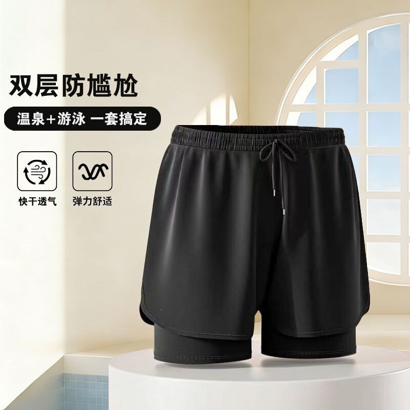 Breathable double-layer summer men's anti-embarrassment micro-elastic sports shorts, comfortable faux two-piece cool swim shorts Breathable double-layer summer men's anti-embarrassment micro-elastic sports shorts, comfortable faux two-piece cool swim shorts
