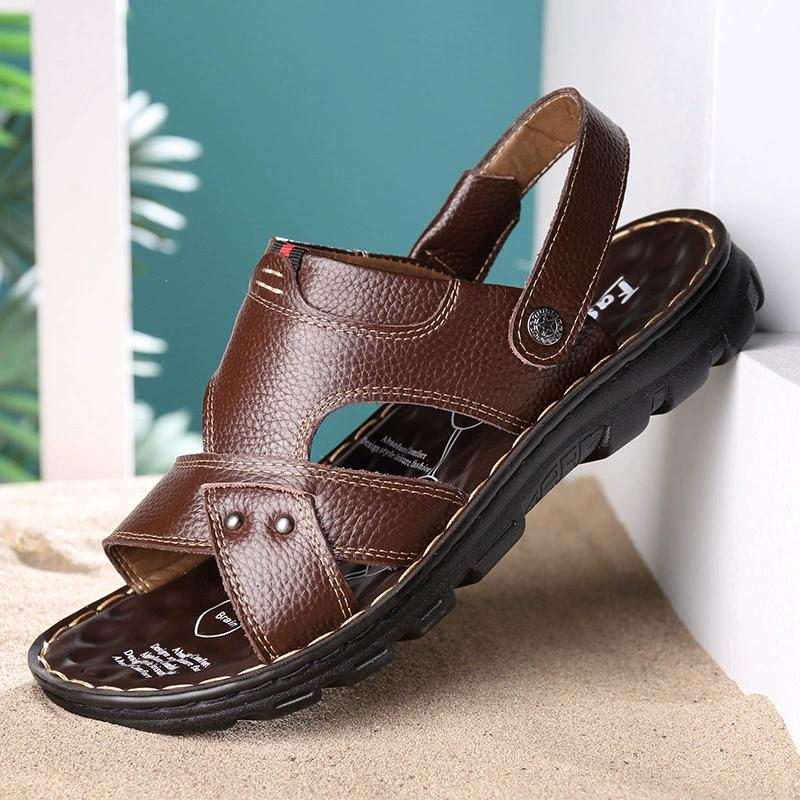 Мужские кожаные сандалии для внешней торговли, летние модные сандалии, тапочки, Повседневная пляжная обувь двойного назначения с мягкой подошвой, папа, сандалии, мужские