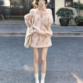温柔慵懒风高领针织毛衣半身裙两件套女秋冬大码套装气质简约长袖