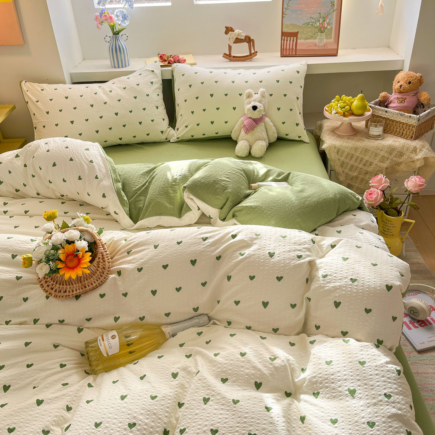 Green heart [class a maternal and infant grade puff yarn] / 【flat sheet style】0.9 three-piece set - duvet cover 150x200 cm