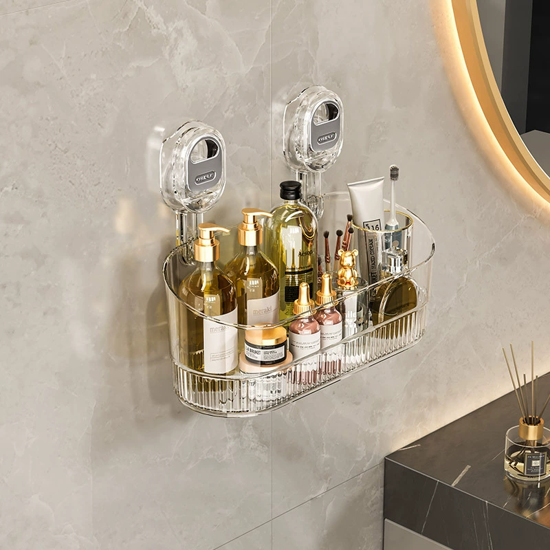 Suction Wall-Mount Storage Box, Non-Punching Transparent Plastic, Small Bathroom Shelf