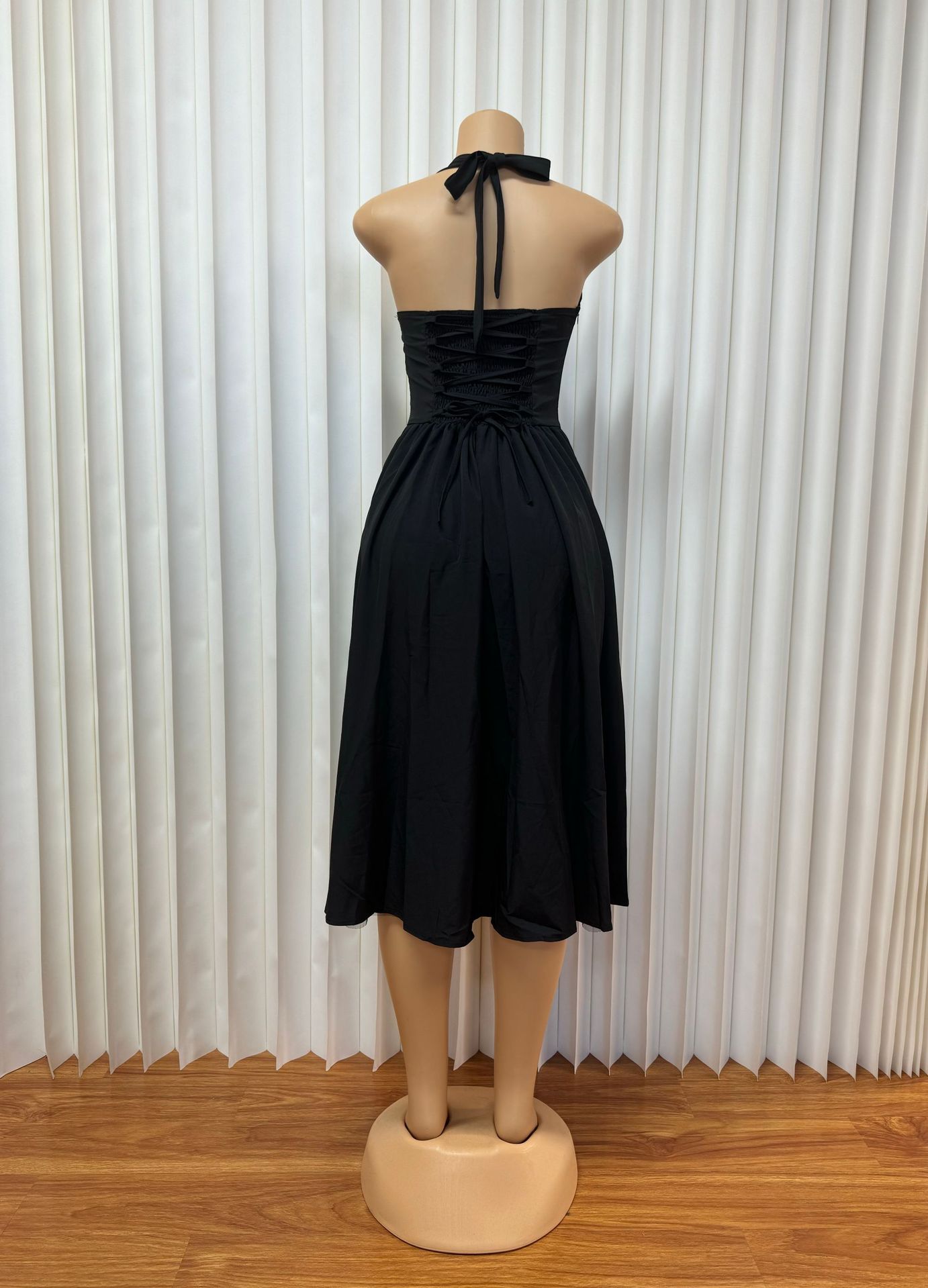 French Halter Neck Backless Dress Sexy Tie Up Midi Skirt Mesh Fabric Women's Clothing New_ecoleips.com
