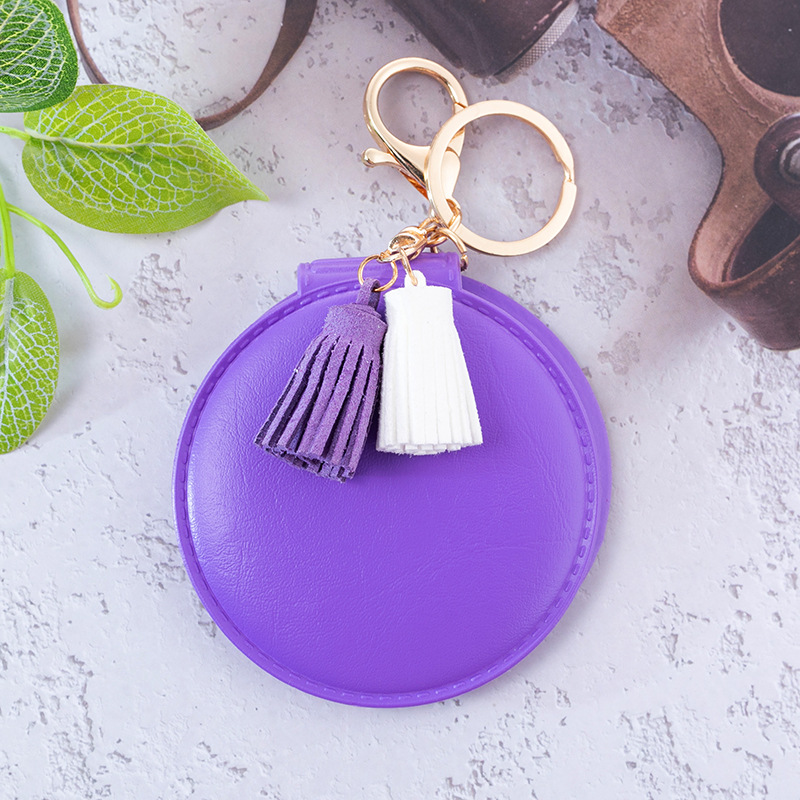 Round Pu Leather Cute Tassel Cosmetic Mirror Keychain display picture 2