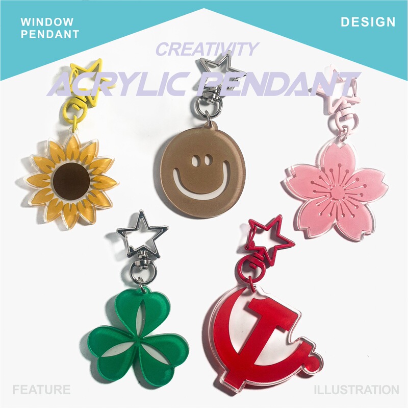 Elemental Meaning Pendants: Four-Leaf Clover, Cherry Blossom, Camellia, Apricot Leaf, Smiley Face Acrylic Keychain Bag Pendant