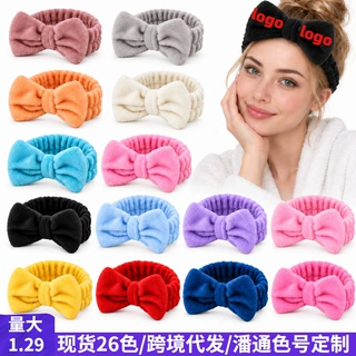 简约纯色珊瑚绒蝴蝶结发带毛绒头带女卸妆洗脸发带美容弹力发饰