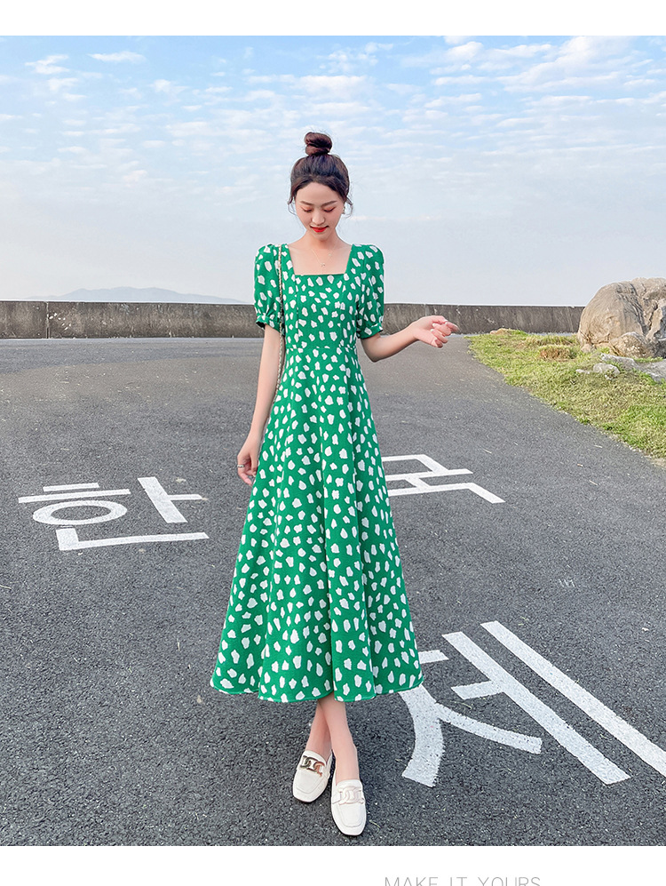 Sexy Short-sleeved Korean Hepburn-style Elegant Dress, A-line Chiffon, Pure And Alluring, Plus-size, Green Floral_ecoleips.com