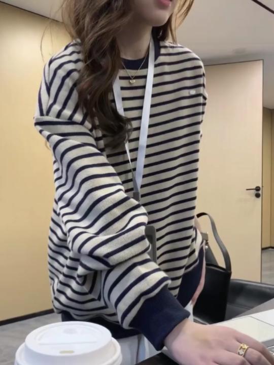 美式条纹圆领卫衣女春秋新款爆款宽松休闲针织毛衣上衣冬|undefined