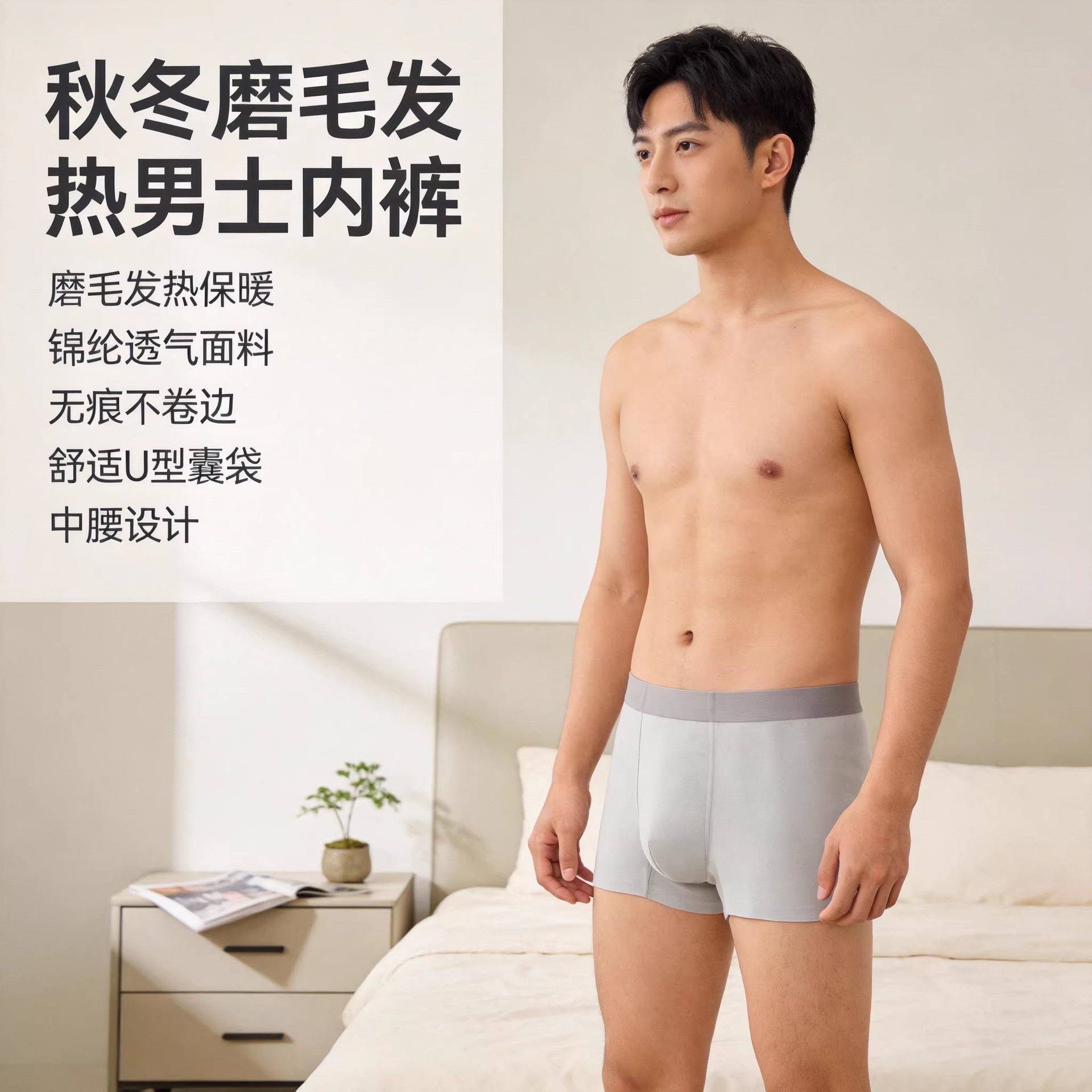秋冬新款男士内裤舒适透气中腰四角裤无痕锦纶磨毛发热不卷边平角