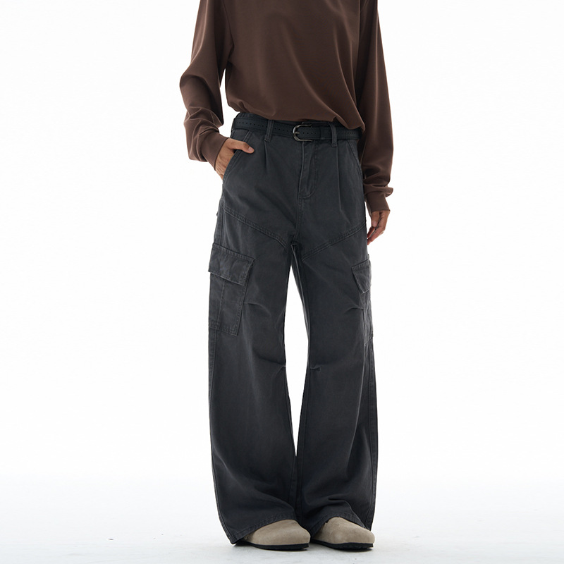 Early Autumn American Retro Washed Deconstructed Cargo Pants for Men, Straight-Leg Design, Pleated Loose Casual Wide-Leg Pants