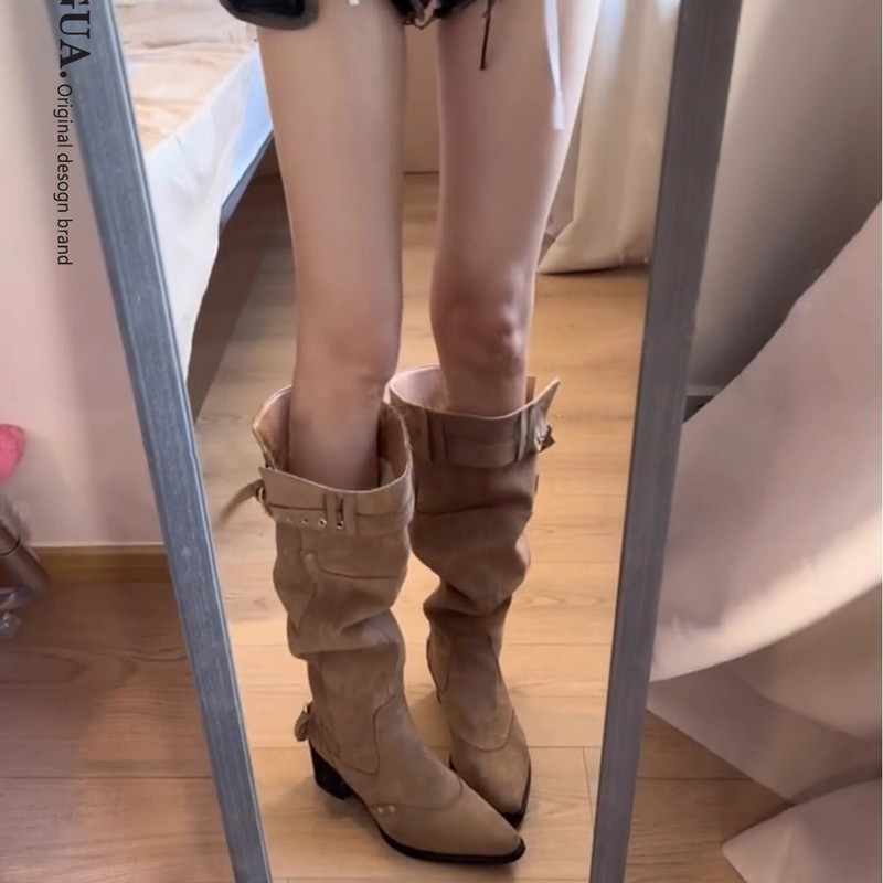 不过膝长筒靴女款2025新款秋季绒面尖头粗跟显瘦高筒堆堆骑士靴子|undefined
