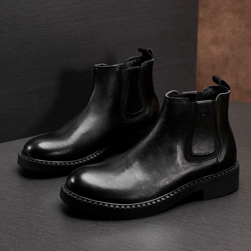Мужские Ботинки Челси из натуральной кожи на толстой подошве, осенне-зимние модные уличные Ботинки Martin с высоким берцем на флисовой подкладке, черные молодежные ботинки с круглым носком
