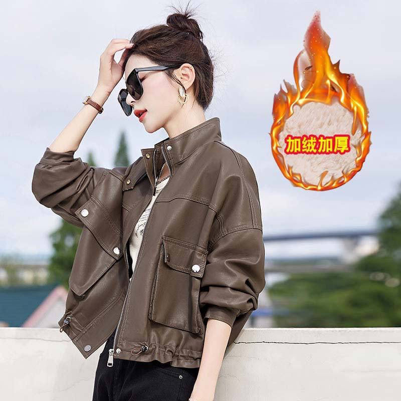 Fleece-Lined Thick Leather Jacket for Women, Haining Short Stylish Biker Coat, Winter Petite Loose Warm Leather Jacket