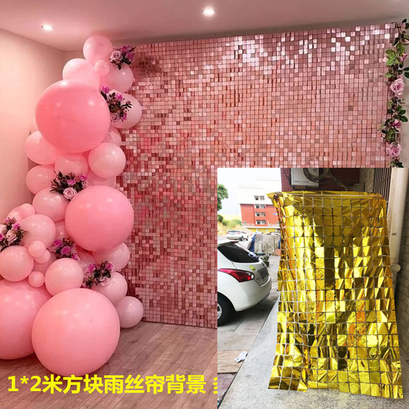 1*2m cuadrado de película de aluminio brillante cortina de seda de lluvia colorida cortina de puerta accesorios de decoración de cumpleaños pared de fondo de fiesta dibujo de flores transfronterizo