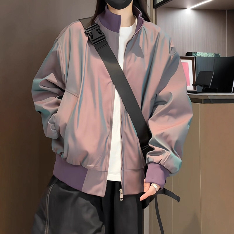 Colorful Stand-Up Collar Satin Jacket for Men and Women, Spring Clothing for Fat Mm, Large Size, Loose, Slimming Look, High-End American Bomber Jacket