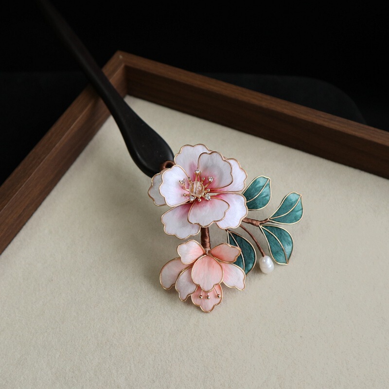 古风手工蚕丝绒花檀木发簪日常汉服旗袍盘发百搭发簪成品|undefined