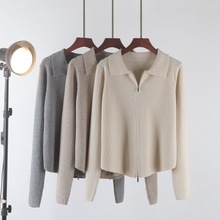 POLO领针织开衫女2025年春秋新款长袖修身翻领上衣拉链毛衣短外套