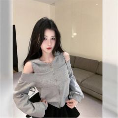 灰色连帽拉链卫衣外套女2025秋季新款美式辣妹露肩上衣巨好看chic