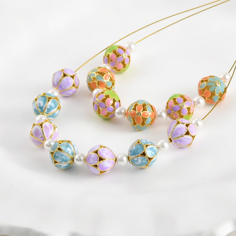 18K gold color cloisonne burning blue flower ball beaded beads diy handmade bracelet string accessories