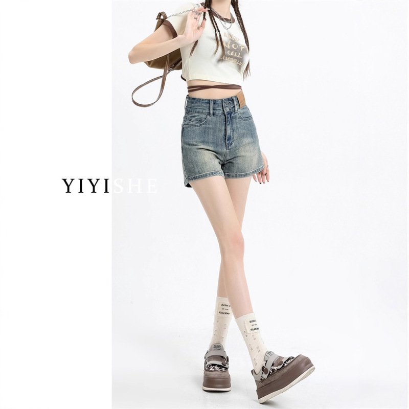 女性のためのハイウエストデニムショートパンツ 2025 夏の新しいホットガールイエローマッドカラーデザインスリム A ラインストレートホットパンツ|undefined
