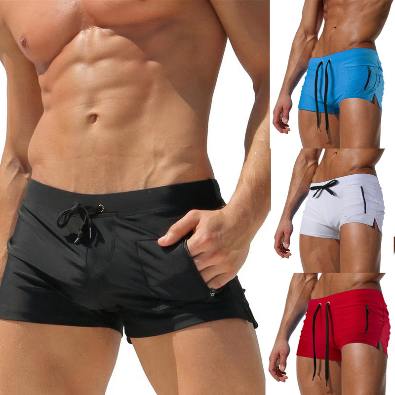 2026 Cross-Border Foreign Trade European and American Men's Swim Trunks High-Waisted Tight-Fitting Drawstring Boxer Shorts Fashionable Solid Color Casual Shorts