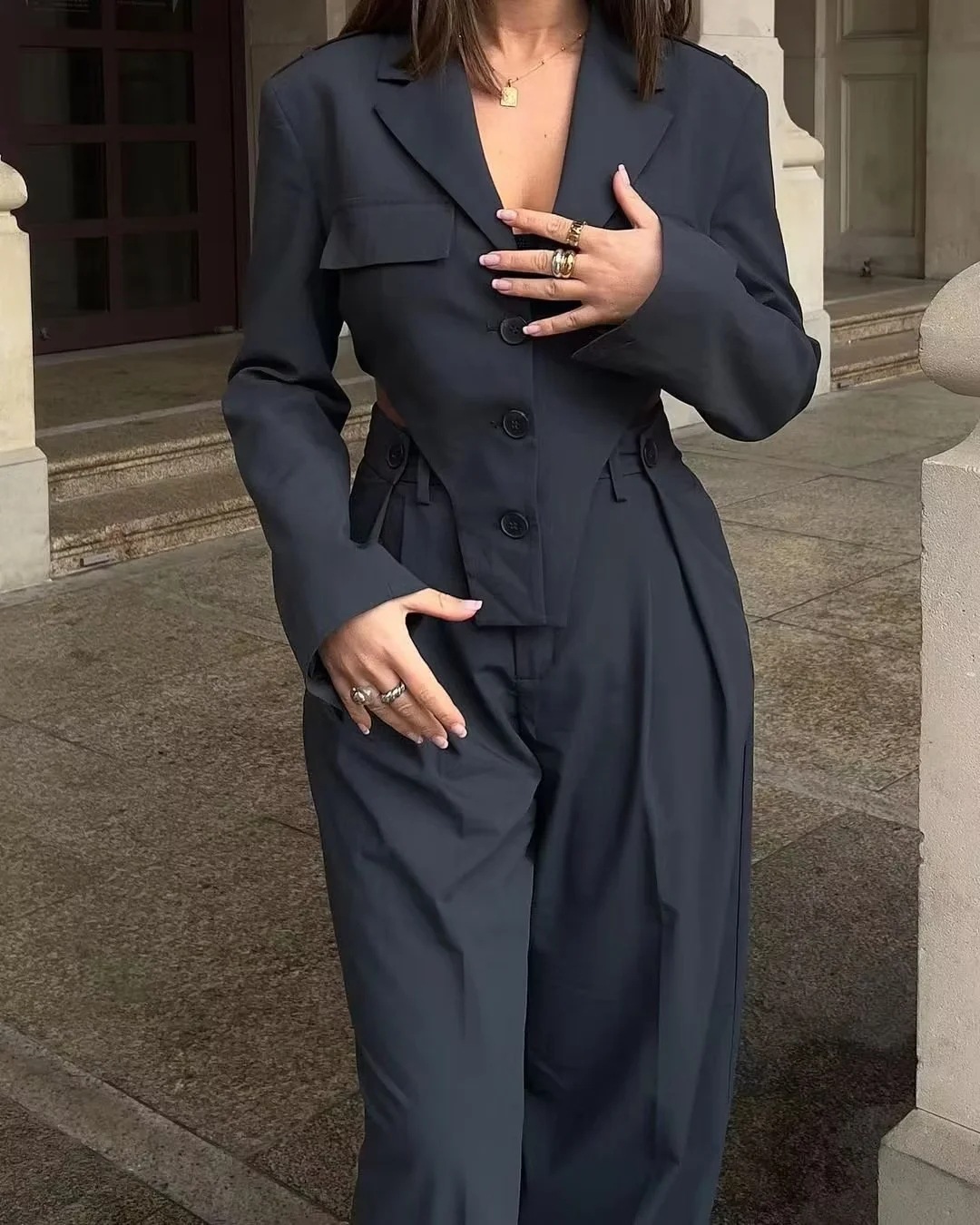 Damkläder Y2K nytt temperament smal ficka lapel kort kostymjacka asymmetrisk topp 8BS9672_voghion.com