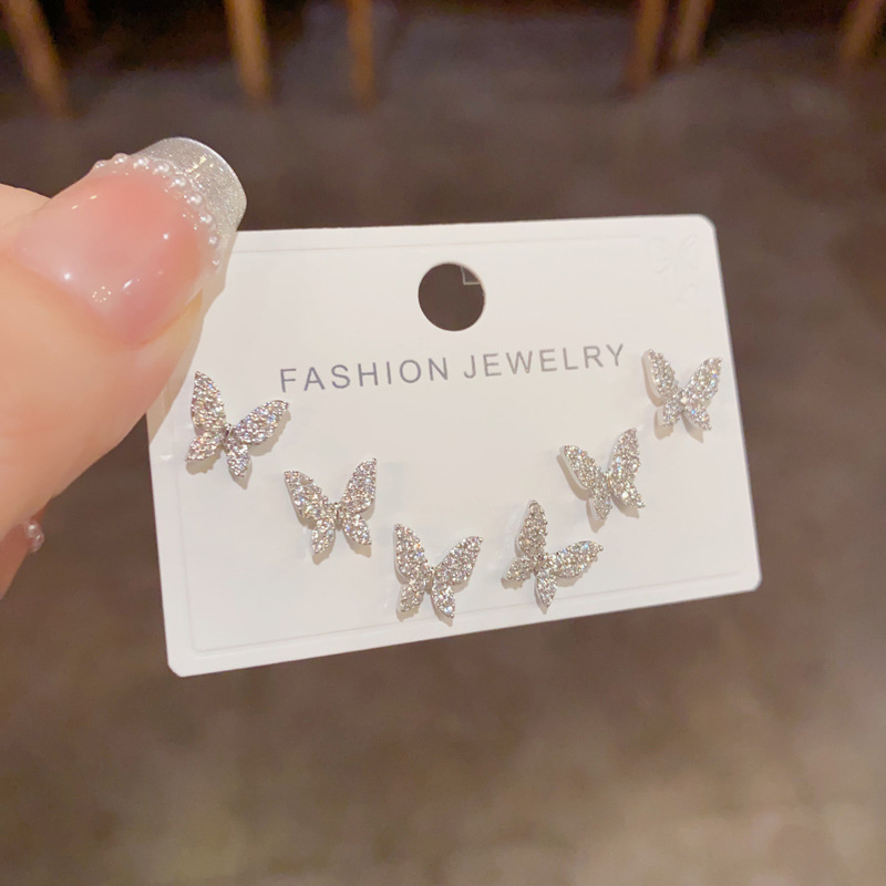 161#Plata - Juego de pendientes de tres piezas con forma de mariposa y diamantes completos (chapado en oro real engrosado)