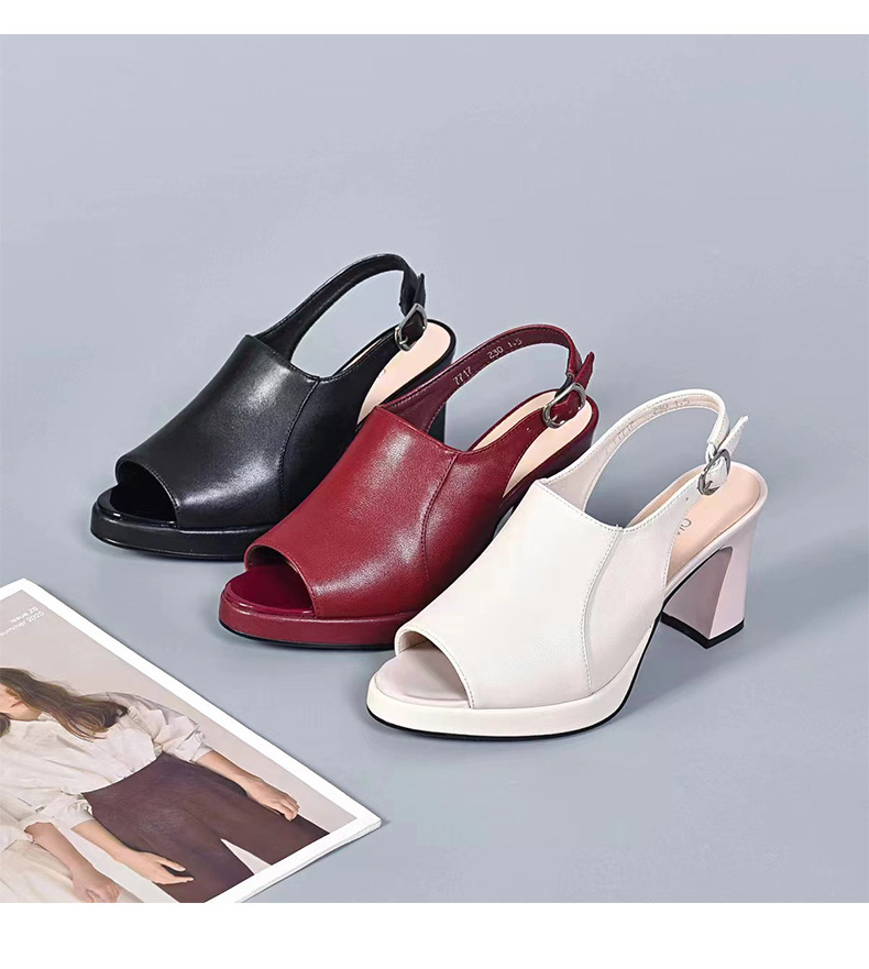 Sandal cao gót nữ da thật quai đơn mũi nhọn gót vuông đế dày kiểu La Mã gót 8 cm — Chiều cao gót 8cm màu đỏ tía chi tiết 9