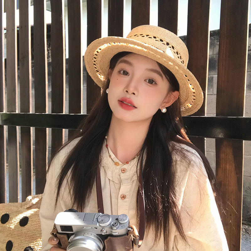 高品质~拉菲镂空平顶帽子女新款夏季礼帽|undefined