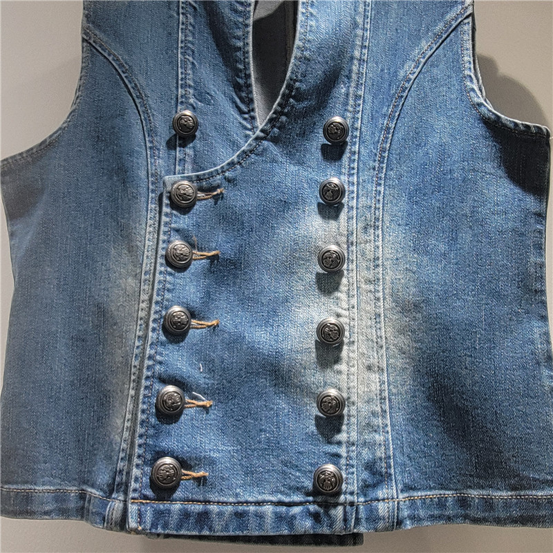 Modas de estilo británico de doble hebilla elástica chaleco de vaquero delgado chaleco azul delgado image 4