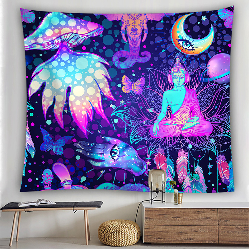 跨境外贸DIY新款印度佛像宗教民族风七彩迷幻森林植物背景挂毯