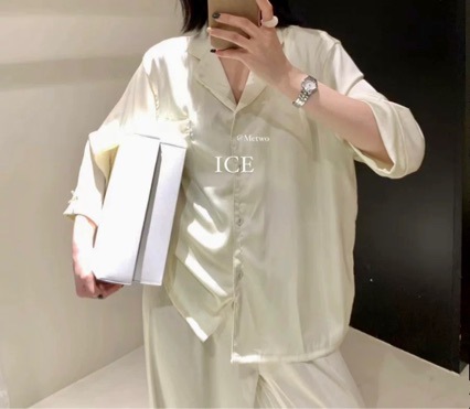 METWO Fresh Style Bra Ballet Home Clothes Roman Holiday Pajamas with Chest Pad Women's Ice Silk Long Sleeve Cardigan suit