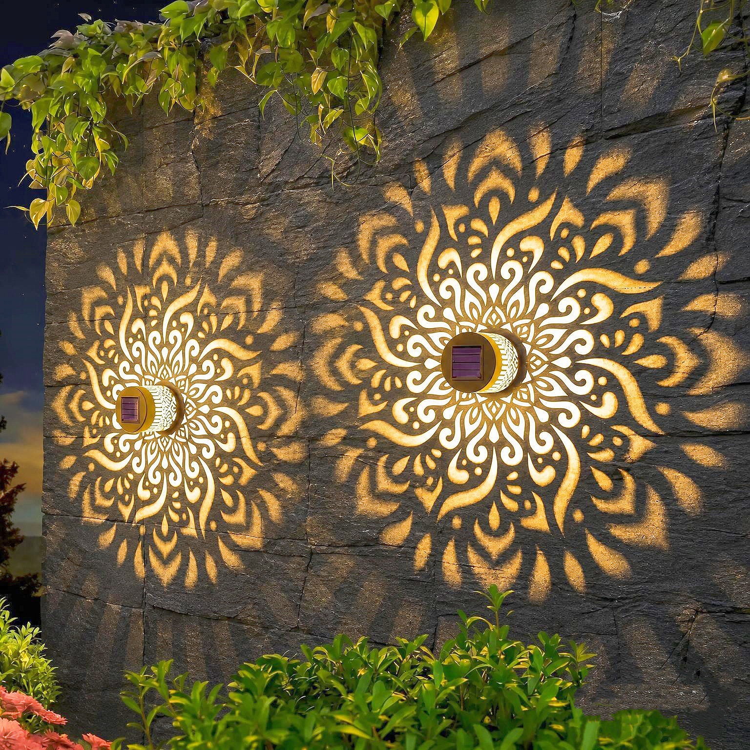Luz solar transfronteriza pared exterior impermeable casa decoración de patio hierro forjado Mandala downlight lámpara de proyección de césped