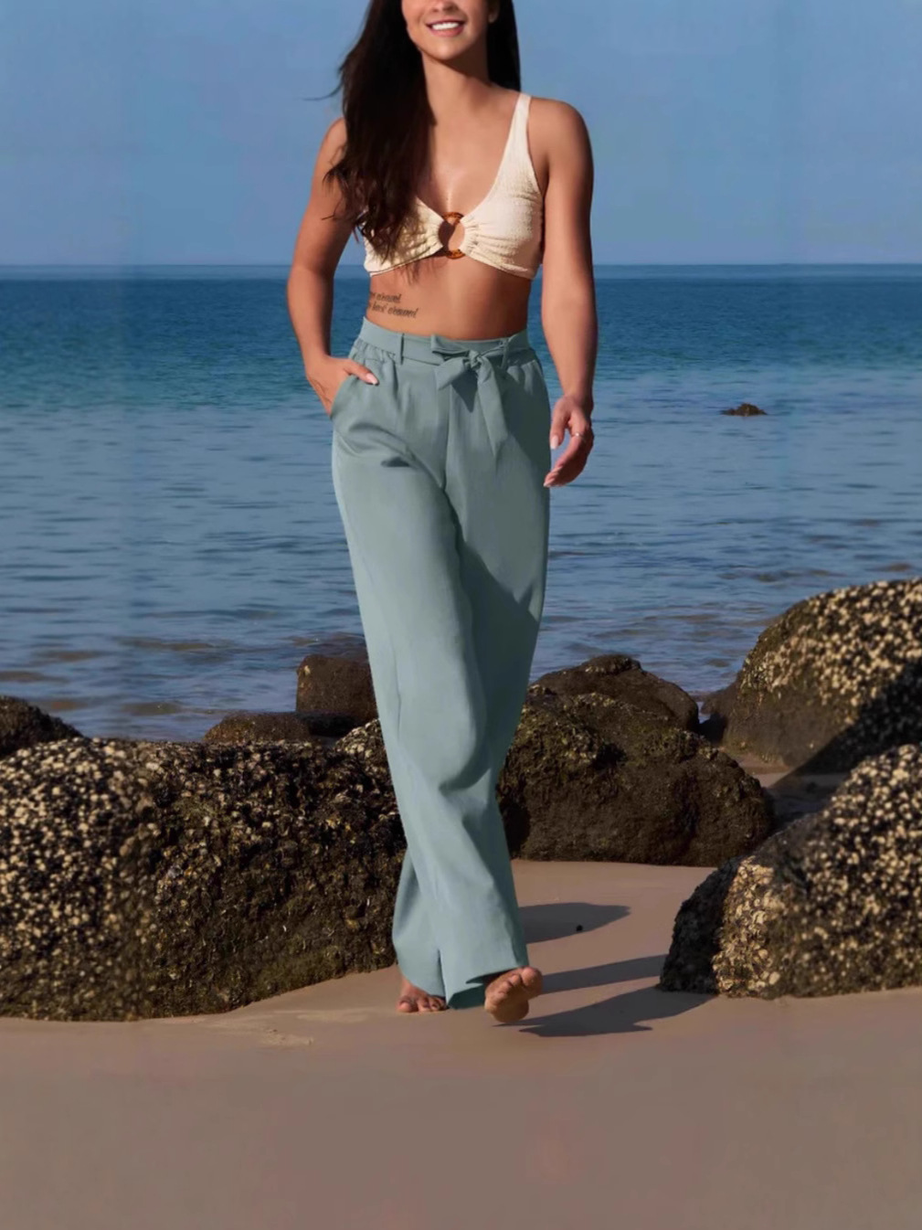 2025 nuevo comercio exterior de Amazon Europa y América de moda pantalones de mujer bolsillo diagonal diseño cinturón image 4