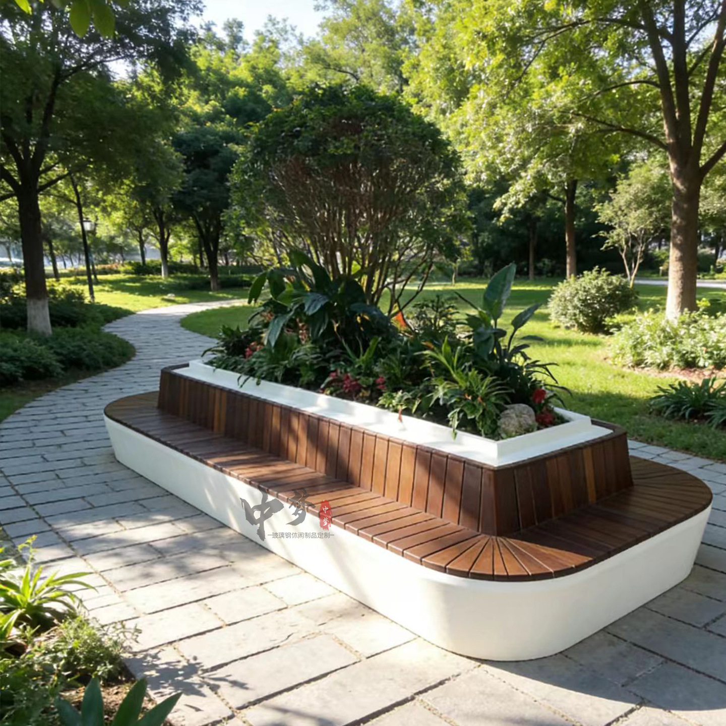 Large Fiberglass Flower Pot Seat with Anti-Corrosion Wood Backrest for Hotel, Mall, Lobby, and Leisure Areas